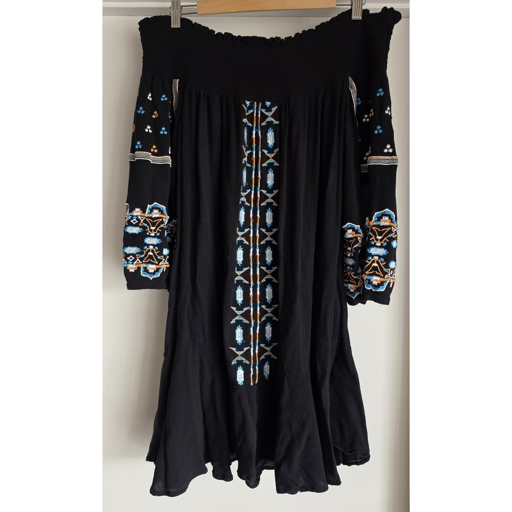 Girl Soul Mini Dress 1X Black Boho Off Shoulder Casual Sundress Embroidery
